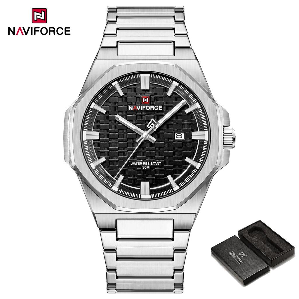 NAVIFORCE Simple Watch for Men Stainless Steel Strap Calendar Movement Luminous Pointer Waterproof 3ATM Casual Fashion Men's Watch NF9245