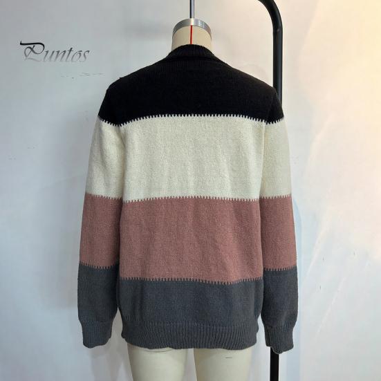 Crew Neck Women Sweater Knitting Tops Round Long Sleeve Color Blocked Knitted Tummy Cover Pullover Loose Hem H-Shaped Warm Casual Daily Wear H-shaped