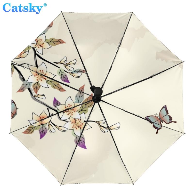 

Полностью автоматический трехстворчатый складной зонт с китайской росписью и черным покрытием, анти-УФ-защита от солнца, женский зонтик от дождя
