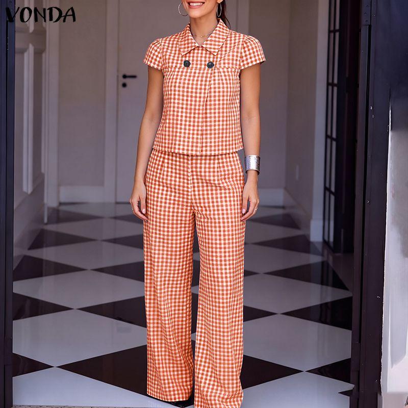 VONDA Two Picecs Sets Women Plaid Print Short Sleeve Blouse and Pants Casual Outfits