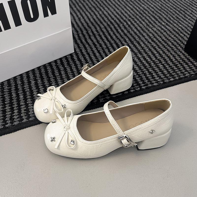 New silver little Mary Jane single shoes with skirt light mouth round head bow ballet French thick heel women's shoes