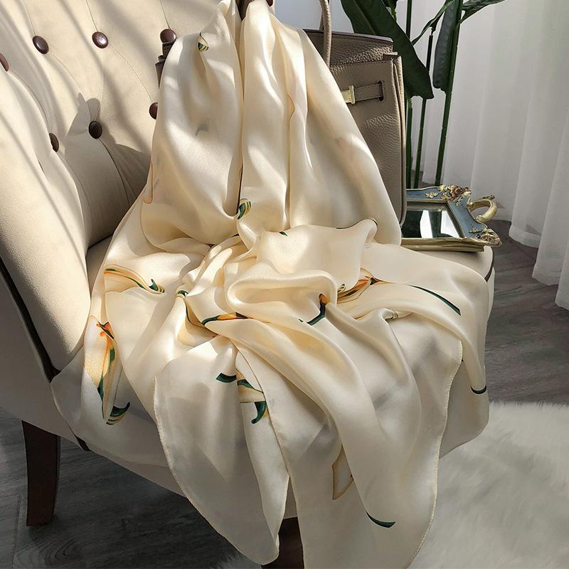 Silk Scarf Women'S Versatile Light Luxury Calla Lily Long Mulberry Silk Scarf Anti-Sun Shawl