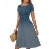 Women's Casual Fashion Round Neck Pleated Short Sleeve Retro Floral A-Line Midi Dress