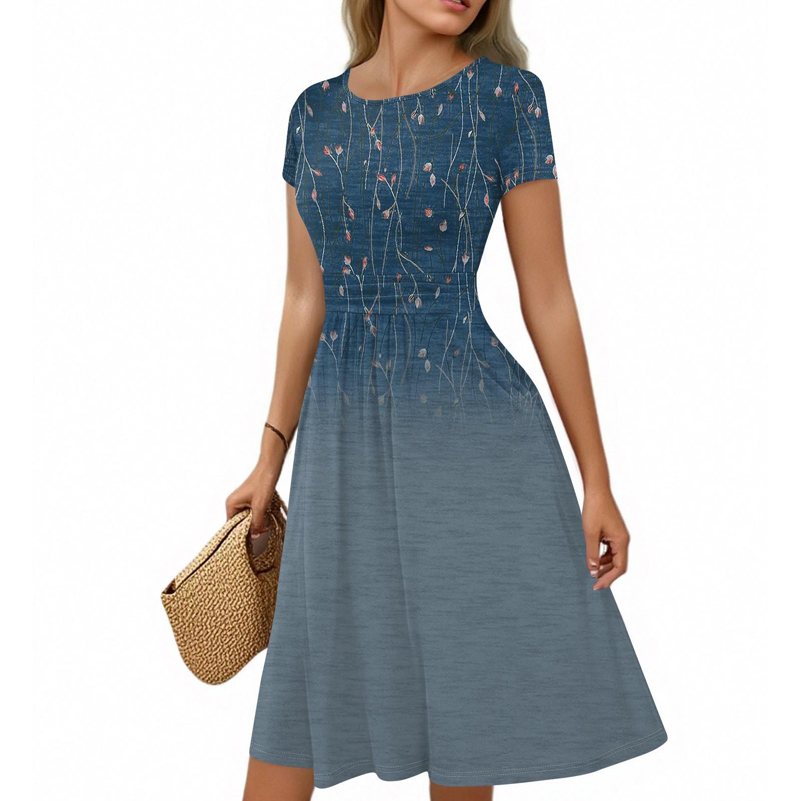 

Women s Casual Fashion Round Neck Pleated Short Sleeve Retro Floral A-Line Midi Dress M Темно-синій