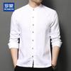 ROMON Men's 100% Linen Stand-Up Collar Long Sleeve Shirt