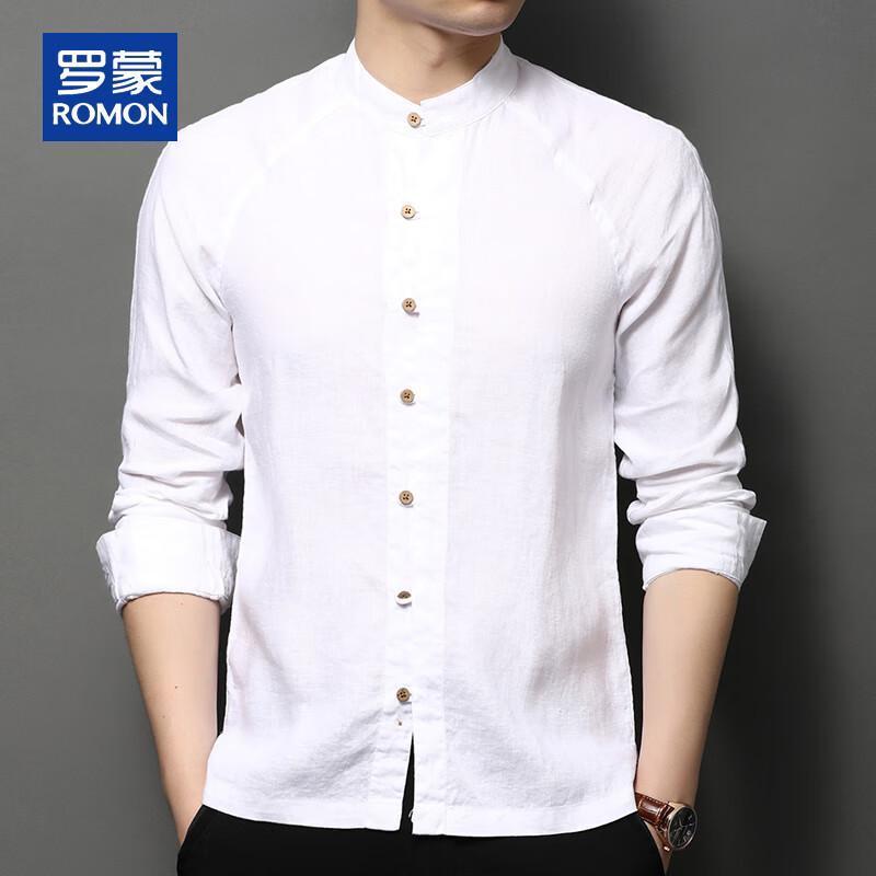 ROMON Men's 100% Linen Stand-Up Collar Long Sleeve Shirt