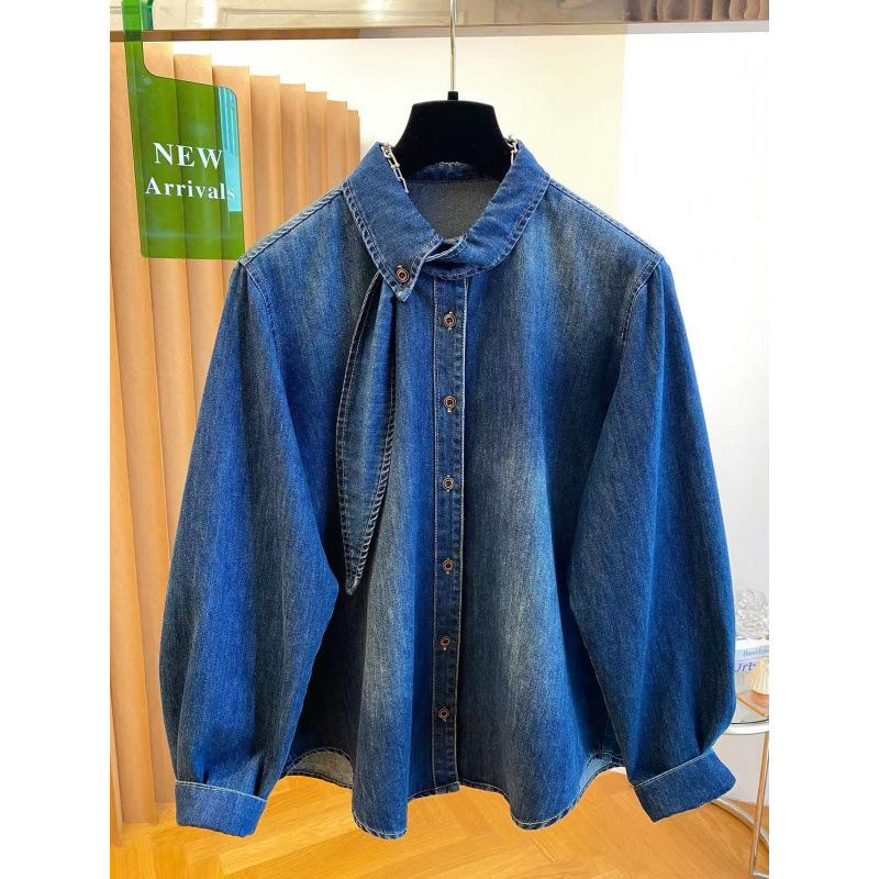 Korean Women's Loose Fit Blue Denim Long-Sleeve Shirt - Early Spring 2026
