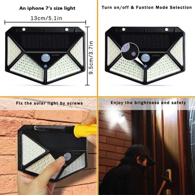 Solar Lights Outdoor 100 LED Wall Lamp PIR Motion Sensor Lights Waterproof Solar Street Light for Garden Porch Yard Garage