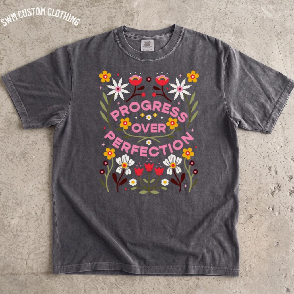 Progress Over Perfection Shirt, Floral Growth Mindset Tee, Retro Teacher Mental Health Apparel, School Counselor Top, Positivity Gift