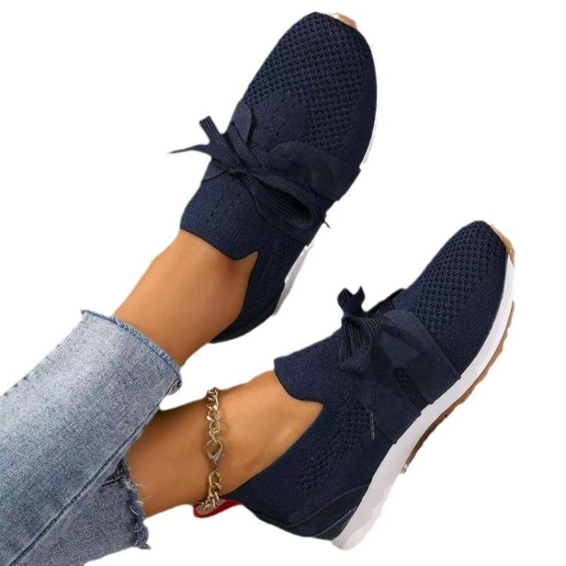 Large size new fly-woven mesh breathable casual lightweight lace-up thick heel women's casual single shoes women