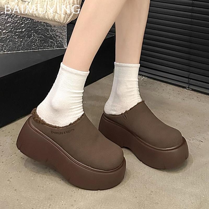 Wildleder Plateau Damen Baumwollpantoffeln Mittelhohe Absätze Designer Pantoletten Schuhe Neue Marke 2025 Trend Winter Warm Gehen Schnee-Stiefel für Damen