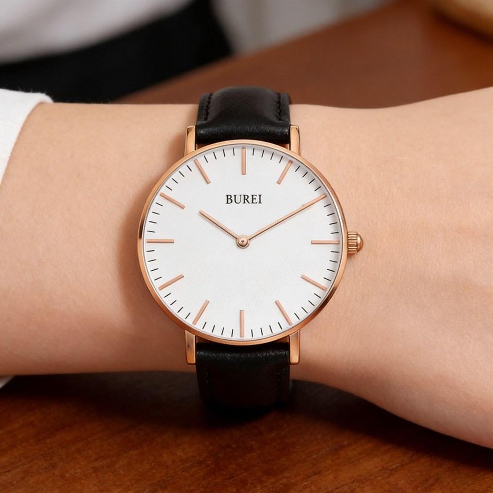 BUREI Ladies Analog Quartz Wristwatch 36mm Waterproof Leather Band Simple Stylish Casual Business Work School Gift Black and White