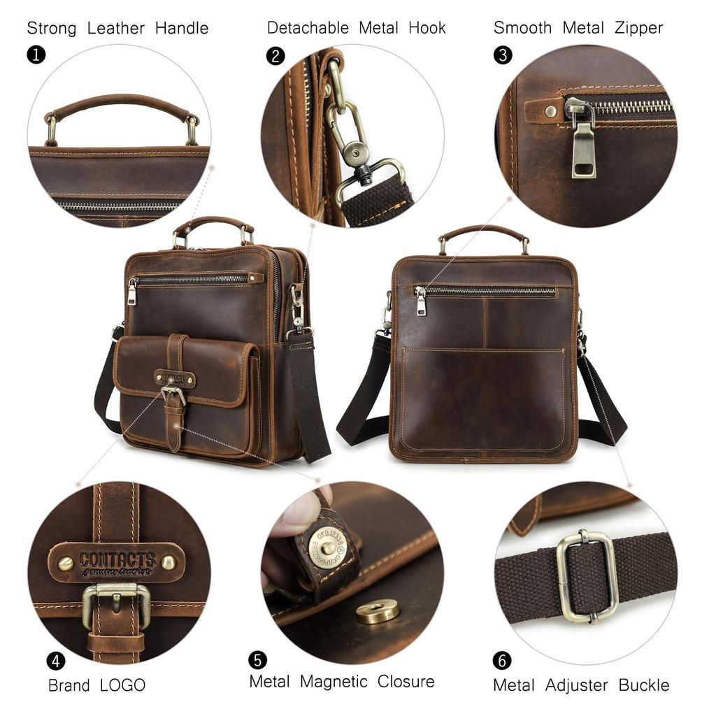 CONTACT'S Genuine Leather Sling Shoulder Bags for Men High Quality Messenger Business Bags Durable Men Crossbody Bags for 8.3 Inch Pad
