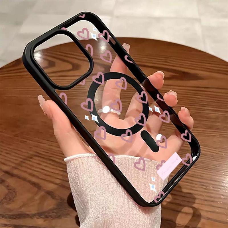 Pink Heart-Shaped Love Pattern Magnetic Transparent Phone Case For iPhone 17 Air 16 15 14 13 12 Pro Max 11 16E 17E 16 Plus Cover