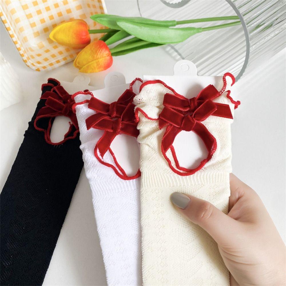 Hollow Out Women Lolita Socks Mesh Jk Hosiery Cute Bow Lace Socks  Lady