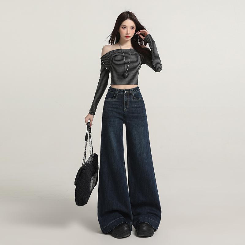 Retro micro-pull jeans, women's autumn new high-waisted loose-fitting wide-legged and thin, no-stick leg flared pants