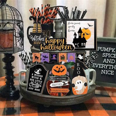 14-teiliges Halloween-Dekorset mit abgestuften Tabletts, süße Halloween-Holzschilder, rustikale Zwerge, Trick- oder Tischschilder für Halloween-Partygeschenke