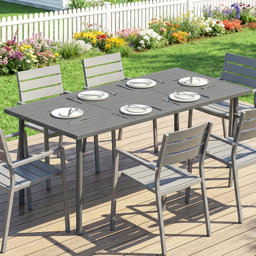 Garden Dining Table for 6 Person, 165 X 80 Cm Rectangular Outdoor Dining Table with Slatted Top