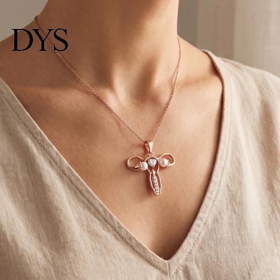 Uterus Pendant Necklace Gynecologist Necklace, Feminist Medical Symbol Obstetrician Statement Dainty Faux Pearl Jewelry with Rhinestones for