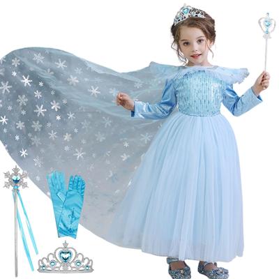 Princess and Costume Light Sizes and 130 Cm Long Children's Dress, Tiara, Snowflake, Stick, Gloves, 4-Piece Set, Blue, Girls, 100, 110, 120,