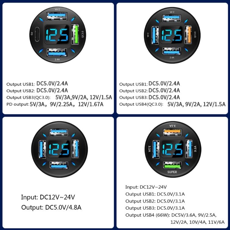 Car Charger Stable Current Output 4.8A QC3.0 22.5W 66W PD20W QC3.0 2.4A LED Light One For Four Laptop Cellphone Charger