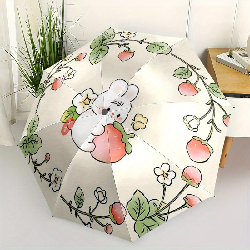 

1pc Cute Bunny & Strawberry Automatic Opening and Closing Umbrella - Lightweight 3-Fold Design, Suitable for Fans, Travel, Daily Use - Official Produc