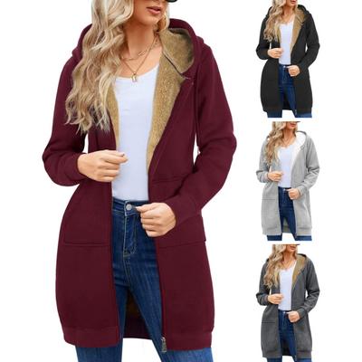 Frauen Winter Hoodie Verdickt Plüsch-gefüttert Lange Ärmel Oberbekleidung Mittlere Länge
