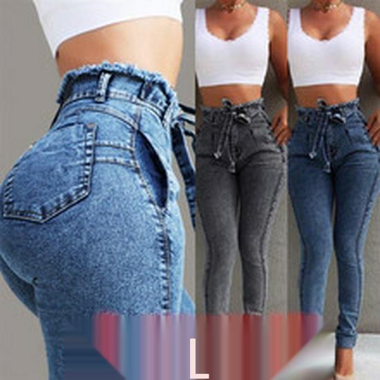 Damskie Jeansowe Szorty z Wysokim Stanem, Rozciągliwe, z Rozdarciami, Elastycznym Paskiem i Frędzlami.