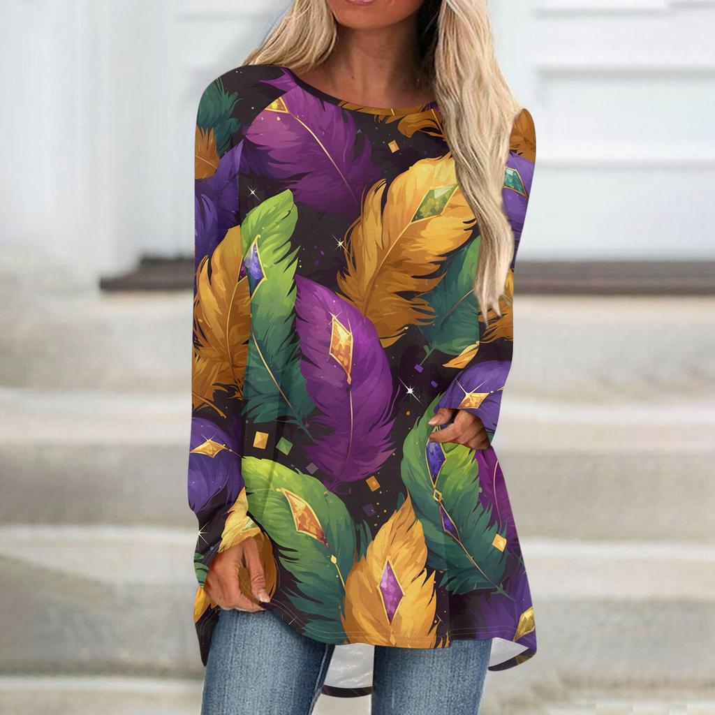 Women's Fashionable Round Neck Raglan Long Sleeved Carnival Printed Casual Pullover Top