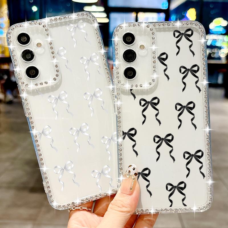 Diamantový měkký kryt s potiskem mašle pro Samsung Galaxy S25 Edge S24 S23 S22 Ultra S24 FE A56 A55 A54 A36 A35 A15 A16 A26 Kryt na telefon