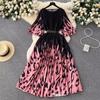Summer Beach Leopard Print Miyake Oversized Dress Women Clothing Flare Sleeve Belt Big Swing Pleated Loose Long Robe