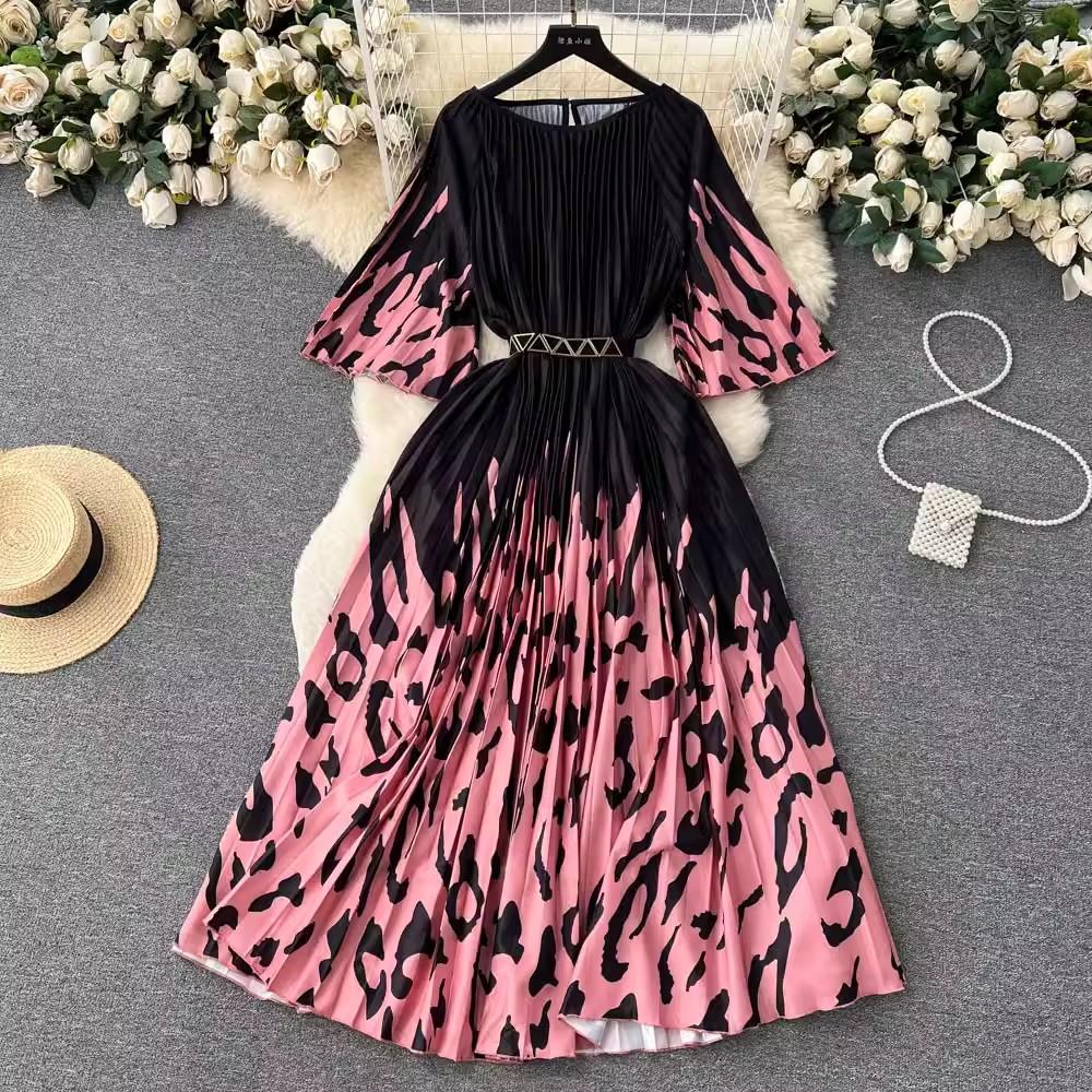 Summer Beach Leopard Print Miyake Oversized Dress Women Clothing Flare Sleeve Belt Big Swing Pleated Loose Long Robe