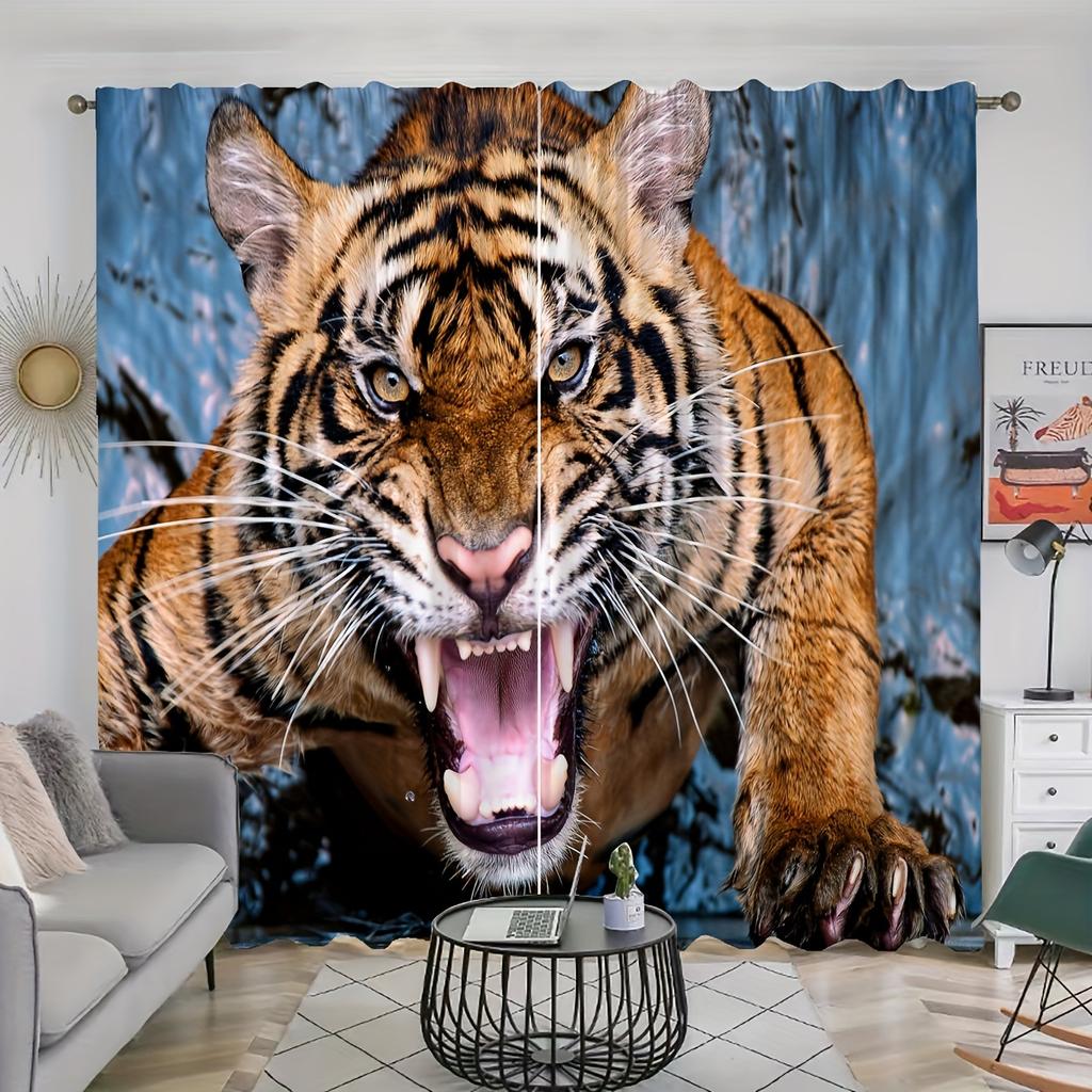 2pcs White Tiger Style Printed Curtain For Home Decor Rod Pocket Window Treatment For Bedroom Office Kitchen Living Room Study