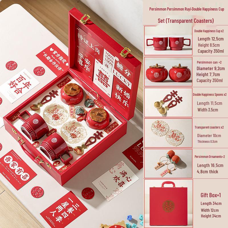 Persimmon Ruyi Wedding Gift Set: Double Happiness Cups for Newlyweds or Bestie's Engagement