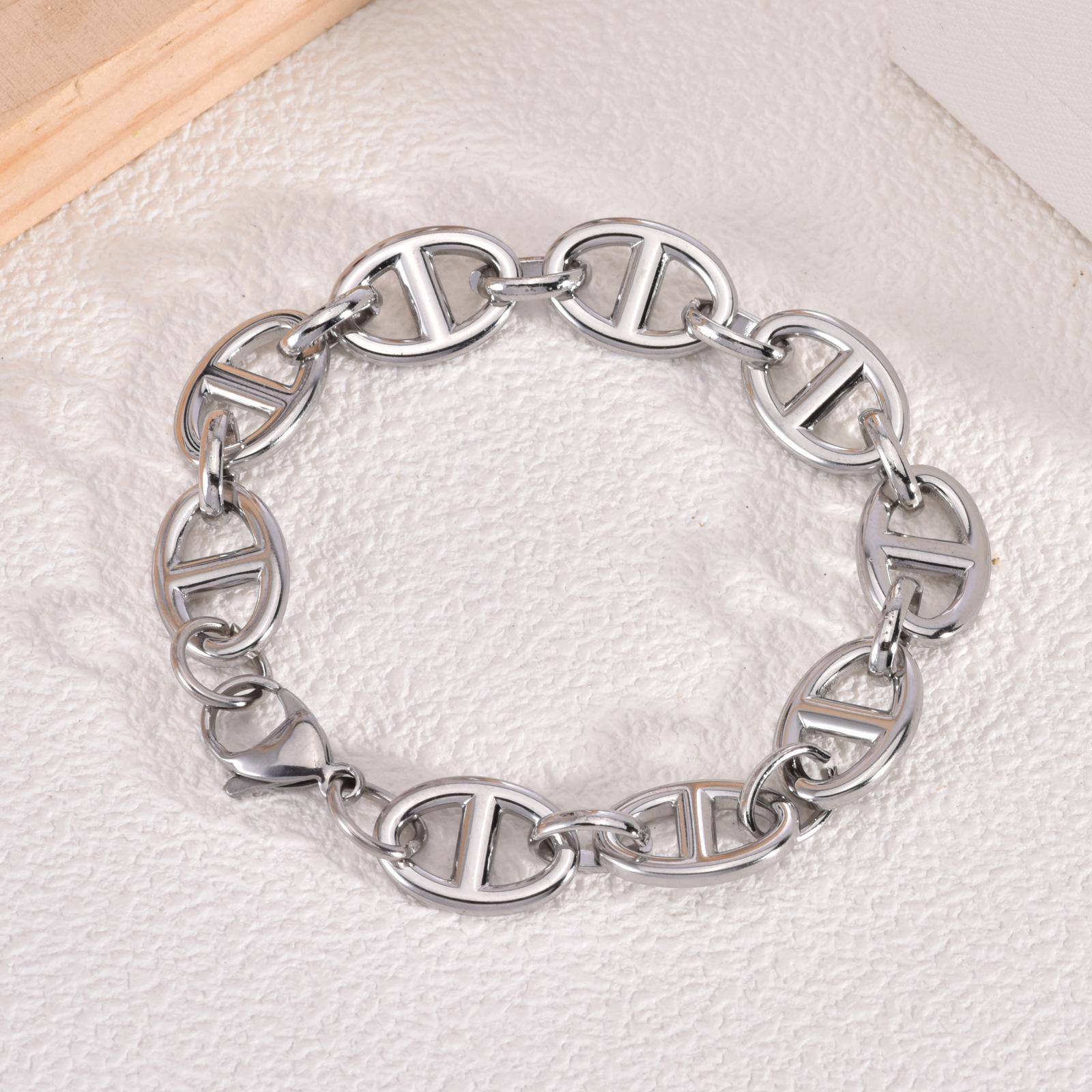 

Stainless Steel Retro Geometric Pig Nose Bracelet with Coffee Bean Accent