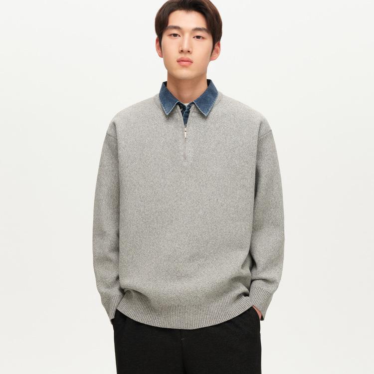WOOG2005 Men s Grey Fake Two-Piece Half-Zip Sweater with Lapel Collar - 2025 Winter Knitwear. Medium светло-серый