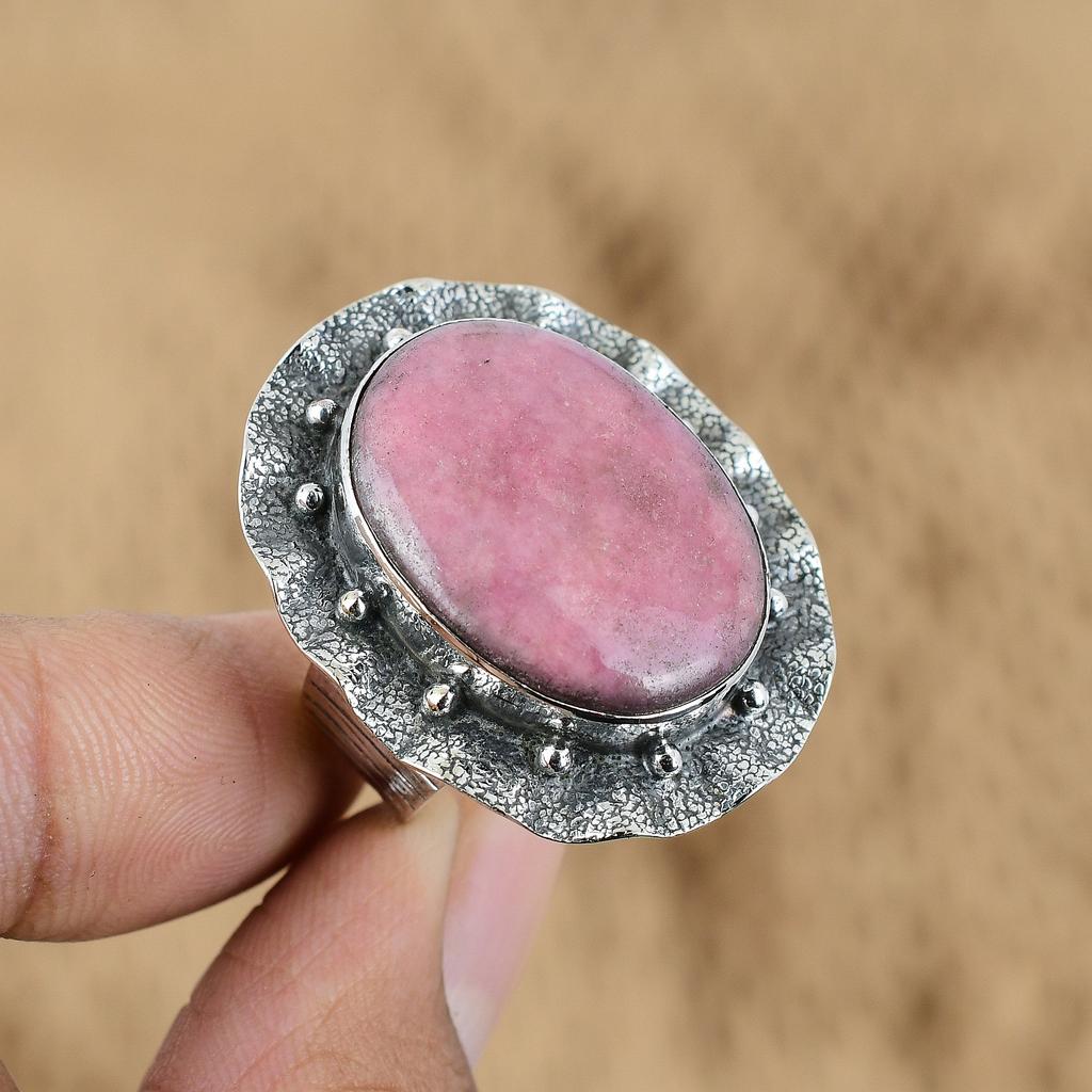 Mothers day Sale Rhodonite Gemstone Elegant Promise Ring Sterling Silver US 9.25