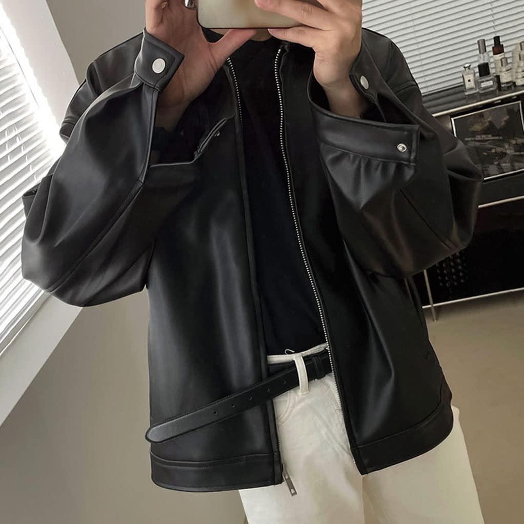 BREAORTION Leather Stadium Biker Synthetic Leather Solid Color Stylish Street Style Plus Sizes Men's Jacket, Jacket, Jacket, Jacket, Outerwear,