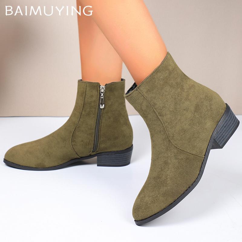 Winter Suede Women Snow Ankle Boots Pointed Toe Retro Mid Heels Shoes Designer Chunky Shoes  Trend New Brand Botas De Mujer