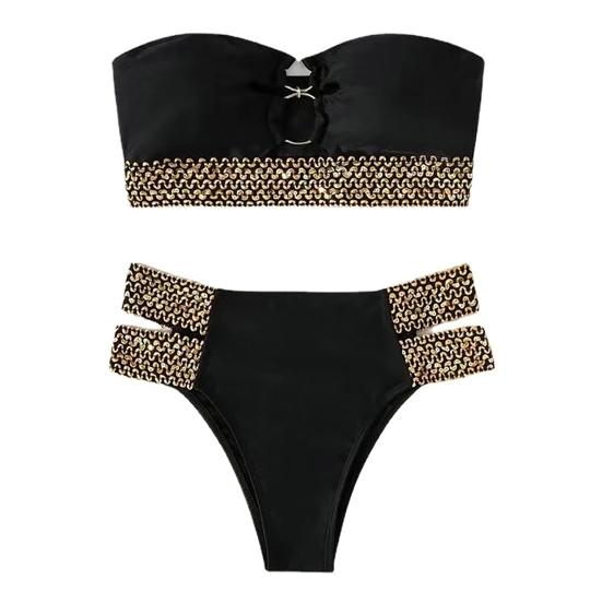 2 Teile/satz Ring Verbindung Off Schulter Bikini Bh Hohe Set Bandeau Taille Slips Bademode Beachwear