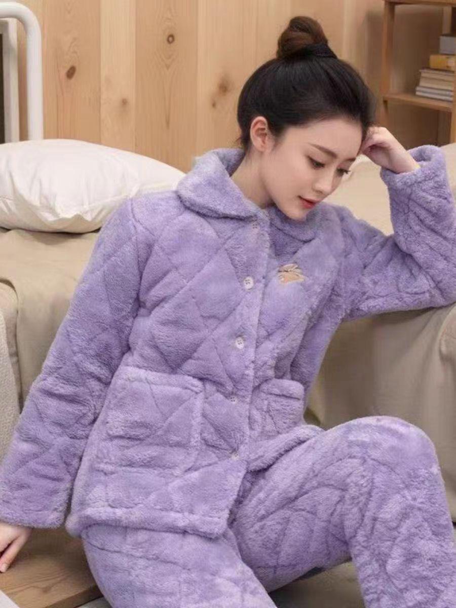 

Embroidered Cotton Padded Nightgown for Women, Thick Fleece Winter Pajama Set L фіолетовий
