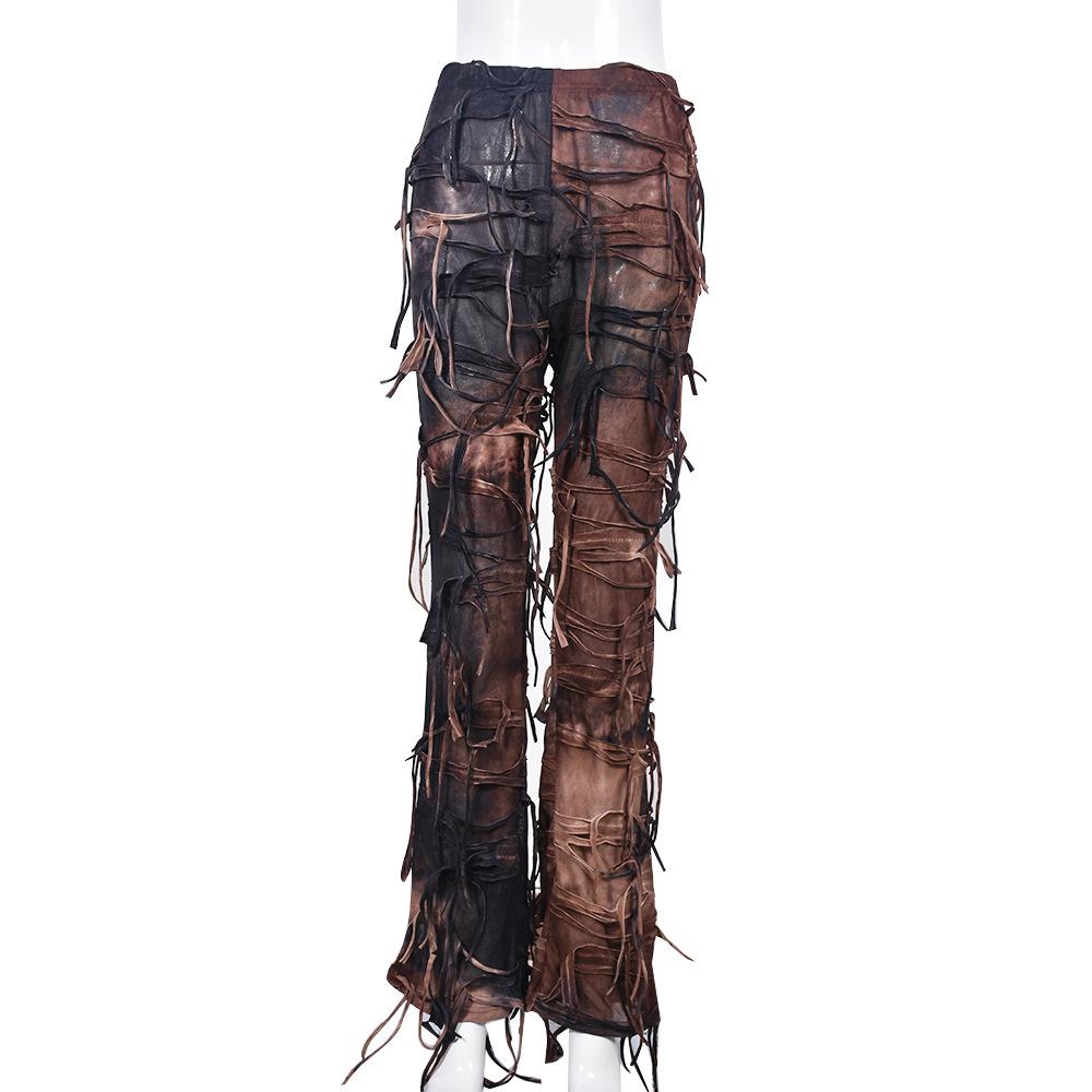 Neue Damen Herbst Tie-Dye Ausgefranste Jeans, Distressed Design Boho Streetwear Lässige Denim-Hose mit Fransen-Saum, Künstlerische Baggy-Hose