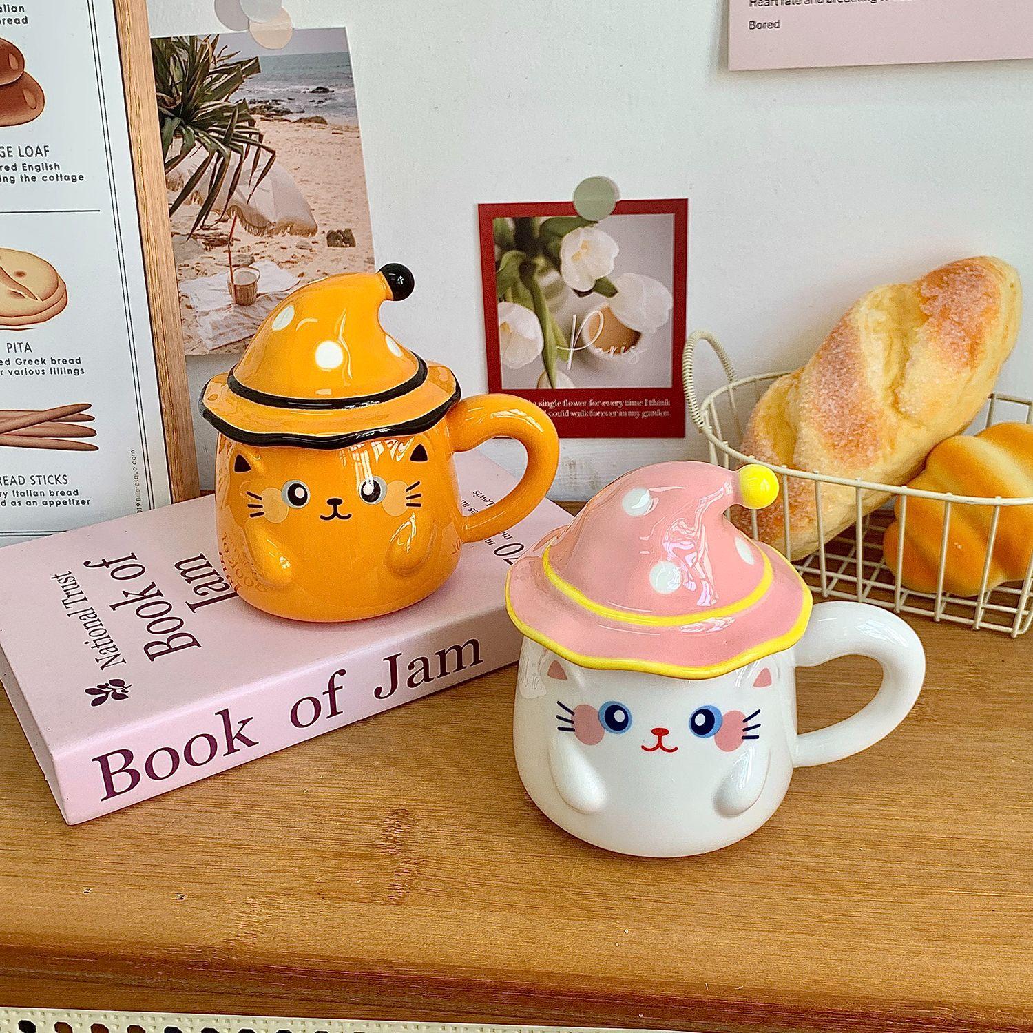 Cat Mug with Lid Ceramic Cup for Girls Water Cup Office Coffee Breakfast Cup Birthday Gift Souvenir