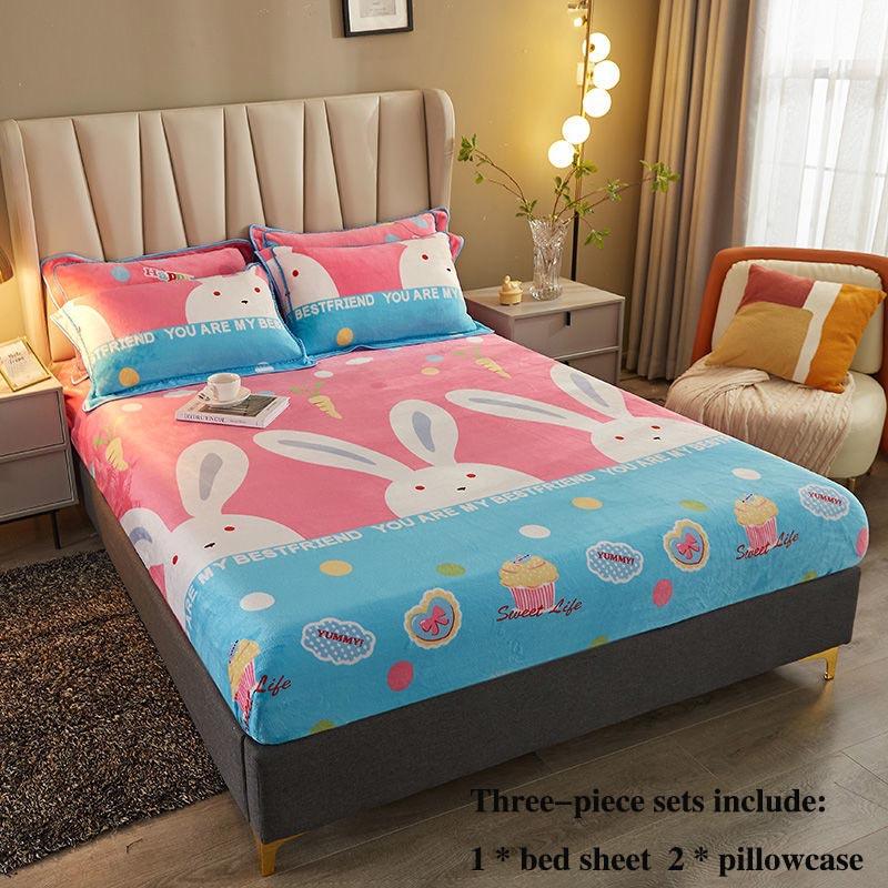 Copriletto in Velluto Corallo Tre Pezzi Copertura Protettiva Integrale per Letto 1,8 M 2 Metri Copriletto Matrimoniale Set Lenzuola