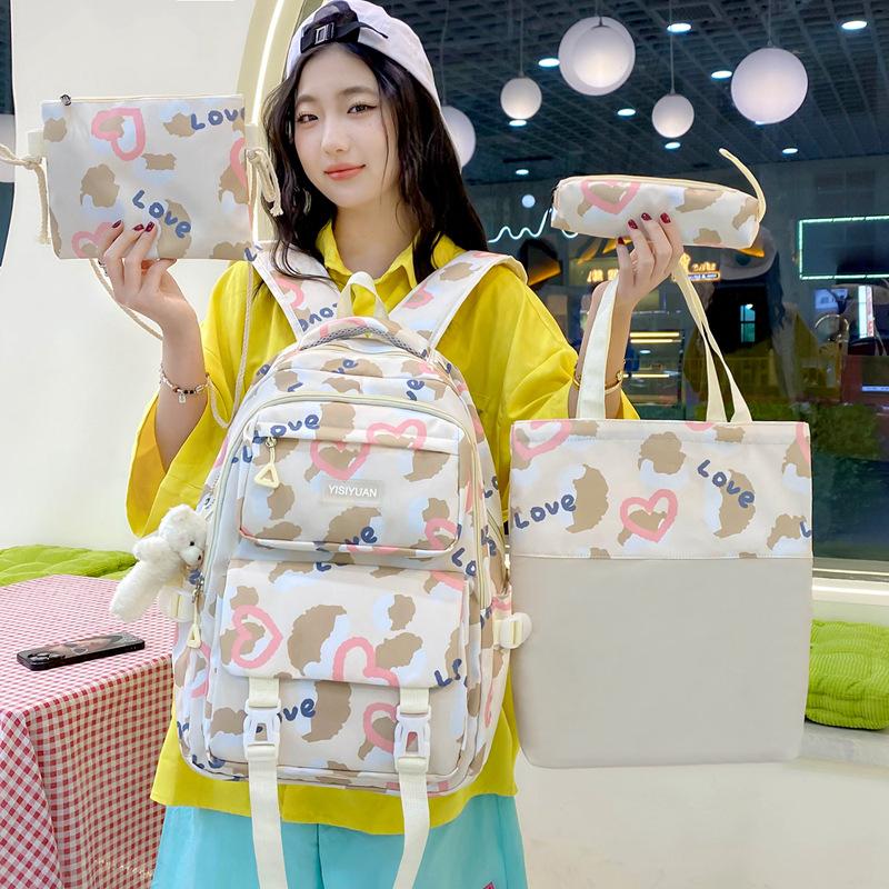 School bag girl love backpack large capacity junior high school campus school bag girl cute casual four-piece backpack