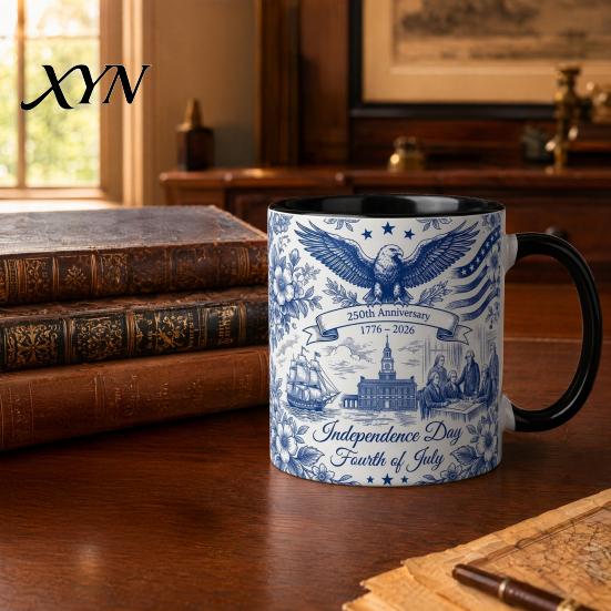 Independence Day Cup USA 250th Anniversary Blue Mug, Patriotic Ceramic Coffee with Heritage Eagle Flag Design, Gift for Veterans Men Women Durable