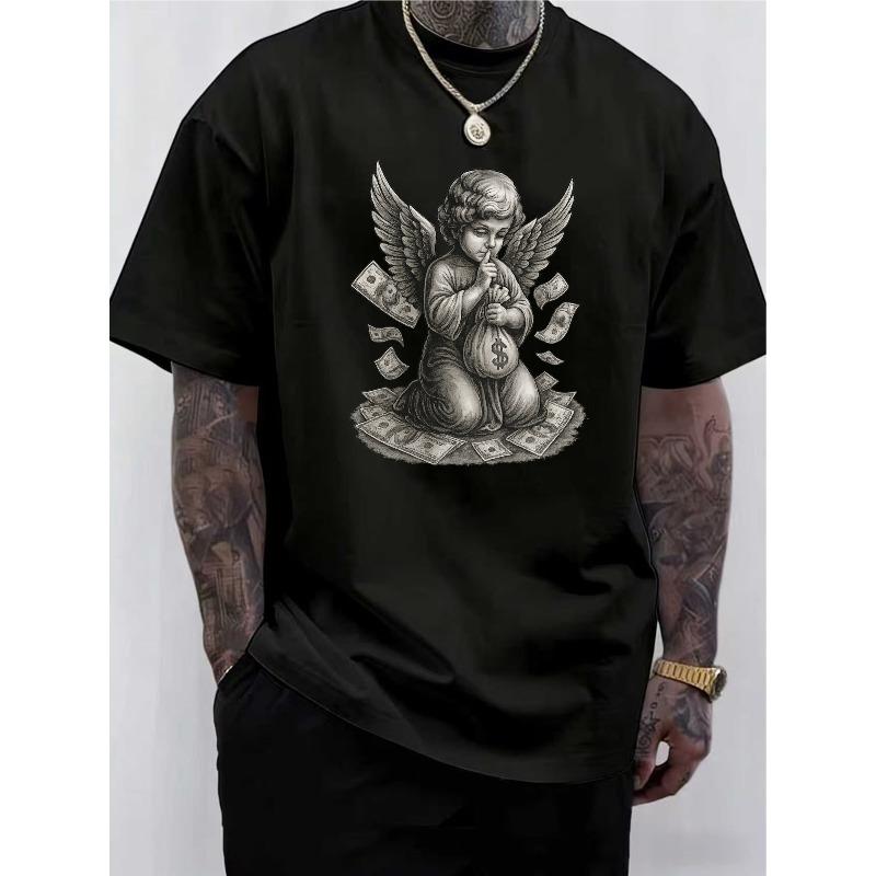 European Sizes Men's Street Style Short-Sleeved Crew Neck T-Shirt with Angel And Money Pattern, Perfect for Summer Outdoor Wear