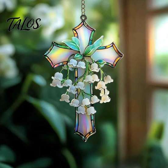 Decorative Wall Art Lily of The Valley Suncatcher, Acrylic Stained Glass Style Hanging Pendant Ornament with Metal Chain, Elegant Floral Window
