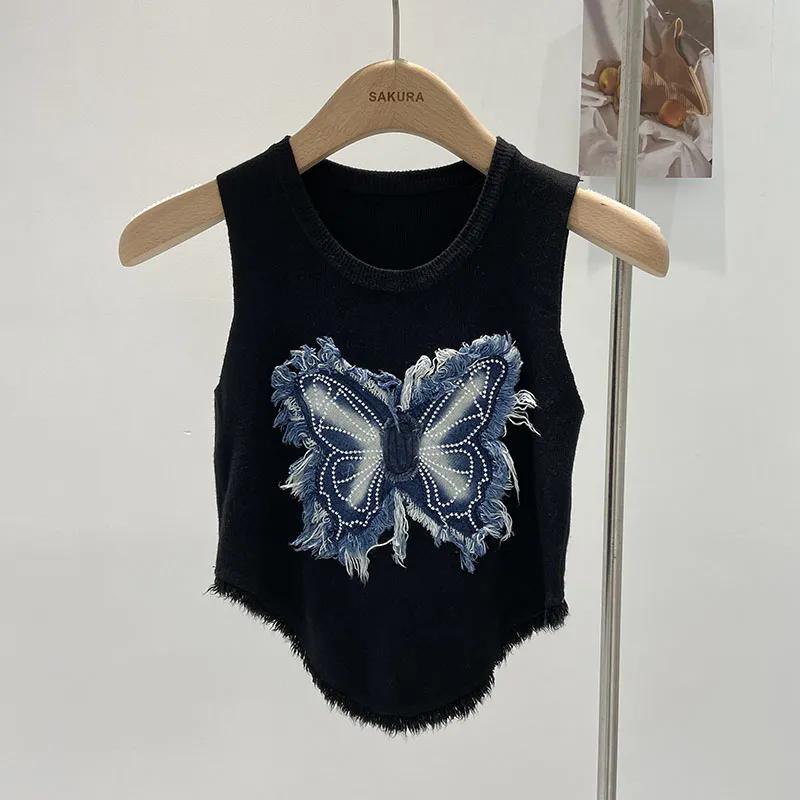 

WTEMPO Американские ретро-бабочки вязаные жилеты женские весна-лето кисточки короткие облегающие топы большого размера без рукавов One Size чёрный