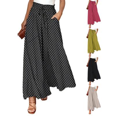 Lange Hosen für Damen, elastische hohe Taille, Schnürung, Punktdruck, weite Beinhose, lässige Hose mit lockerer Passform, für den Alltag